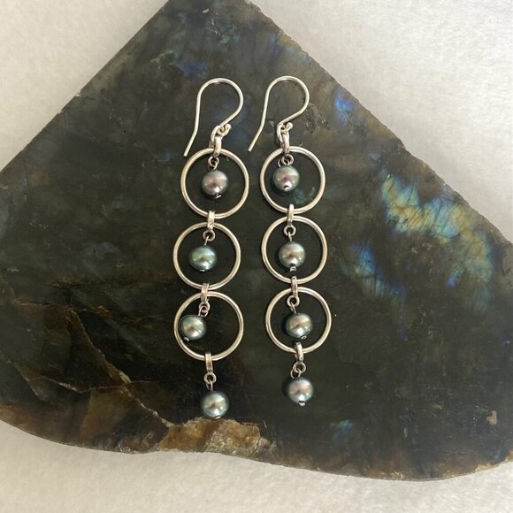 Sterling Silver 925 3" Long Round Triple Tiered Peacock Pearl Dangle Earrings - Picture 11 of 16